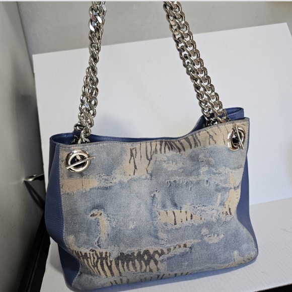 Valentino By Mario Valentino Luisa Blue Denim Zebra Large Leather Handbag Purse - Picture 8 of 16